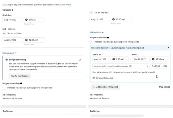 Meta ad budget scheduling