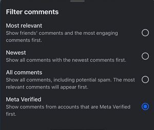 Meta Verified comment filter