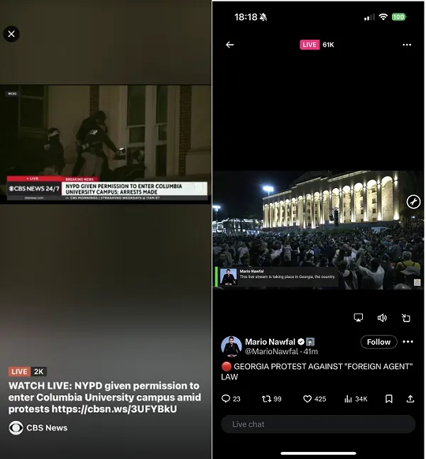 X Live video UI